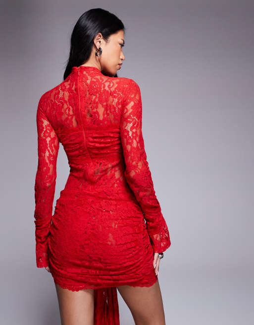 Murci exclusive lace high neck long sleeve diamante detail drape front mini dress in red