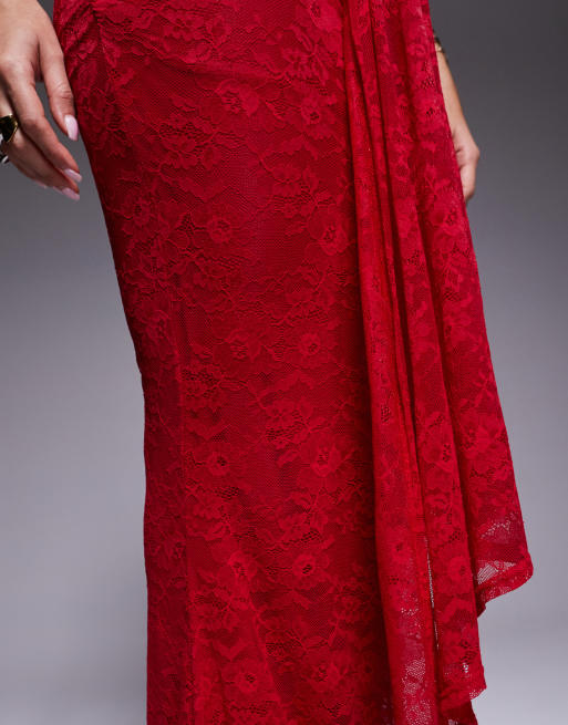 Murci exclusive lace mesh drape detail fishtail maxi skirt in red (part of a set), 2 of 5