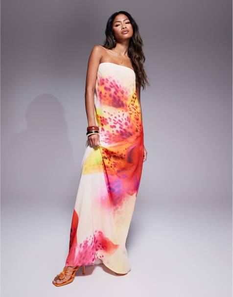 Murci - Exclusive - Maxi bandeau-jurk van chiffon met A-lijn in gebroken wit met bloemenprint - view 1