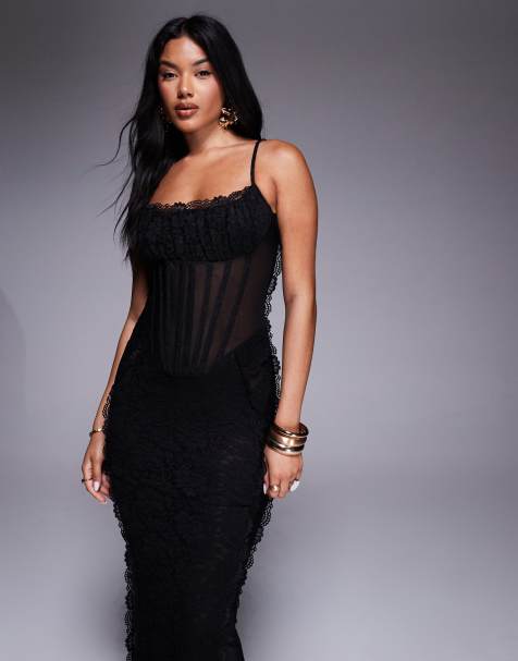 Murci - Exclusive - Maxi cami jurk met kant en korsetdetail in zwart - view 1