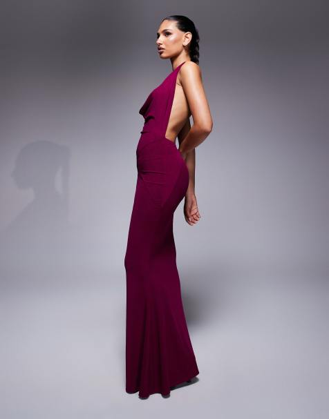 Murci - Exclusive - Maxi jurk van mesh met halternek, open achterkant en gedrapeerde halslijn in pruim - view 1