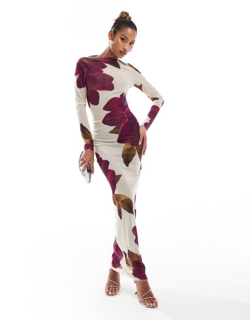 Murci - Exclusive - Maxi jurk van mesh met pioenrozenprint in crème en paars
