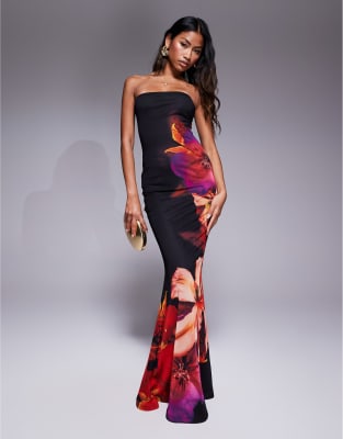 murci exclusive mesh bandeau fishtail maxi dress in black and red flower print