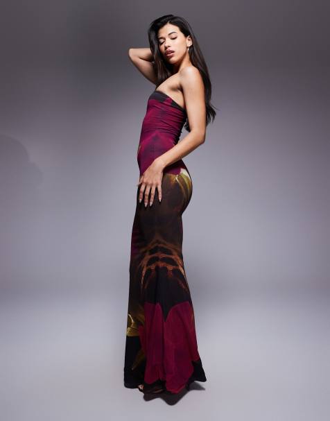 GORGLITTER Women's Floral Mesh Maxi Dress - Strapless Backless Bodycon With Scarf | Wedding Guest Dress