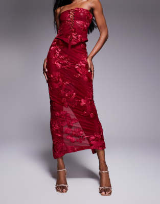 Murci exclusive mesh column maxi skirt in textured red floral applique - part of a set