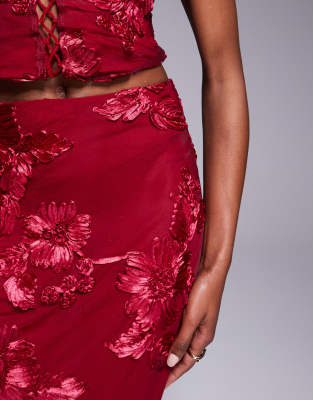 Murci exclusive mesh column maxi skirt in textured red floral applique - part of a set