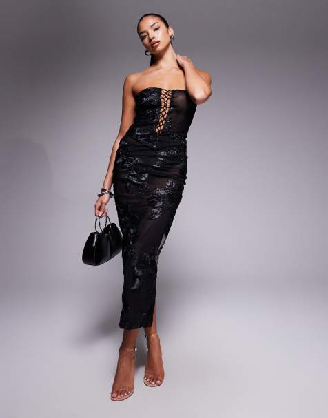 Murci exclusive mesh column midaxi skirt in textured black floral applique - part of a set - view 1