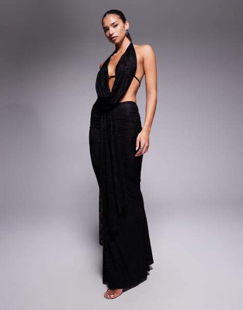 Murci exclusive mesh cowl neck open back top and maxi skirt co-ord in black - view 1