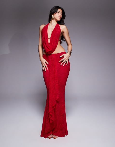 Murci exclusive mesh cowl neck open back top and maxi skirt co-ord in red - view 1