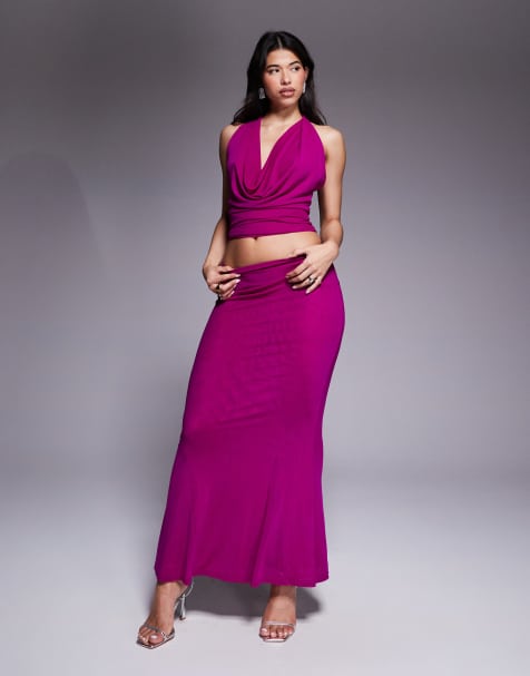 Murci exclusive mesh cowl neck scarf neck detail top and maxi skirt co-ord in cerise - view 1