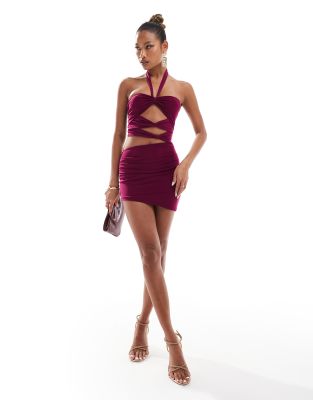 Exclusive mesh cut-out halterneck mini dress in purple