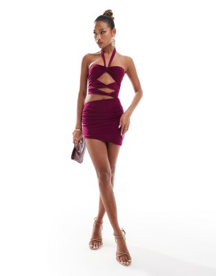 murci exclusive mesh cut-out halterneck mini dress in purple