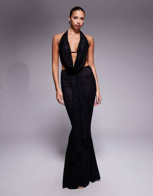 Murci exclusive mesh drape detail fishtail maxi skirt co-ord in black