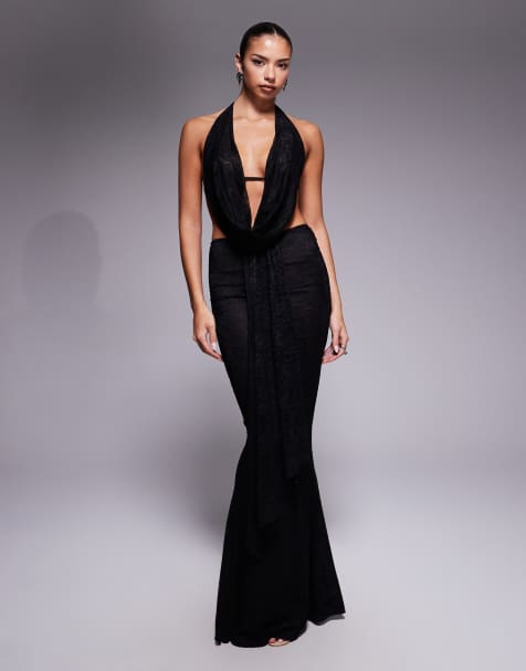 Murci exclusive mesh drape detail fishtail maxi skirt in black - part of a set - view 1