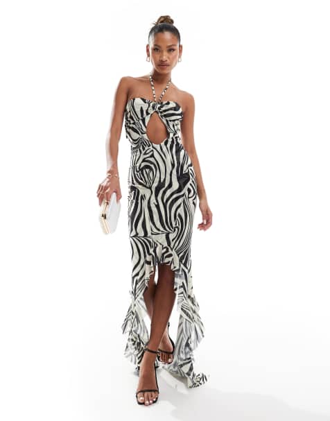 Murci exclusive mesh halterneck keyhole detail high low hem maxi dress in zebra print - view 1