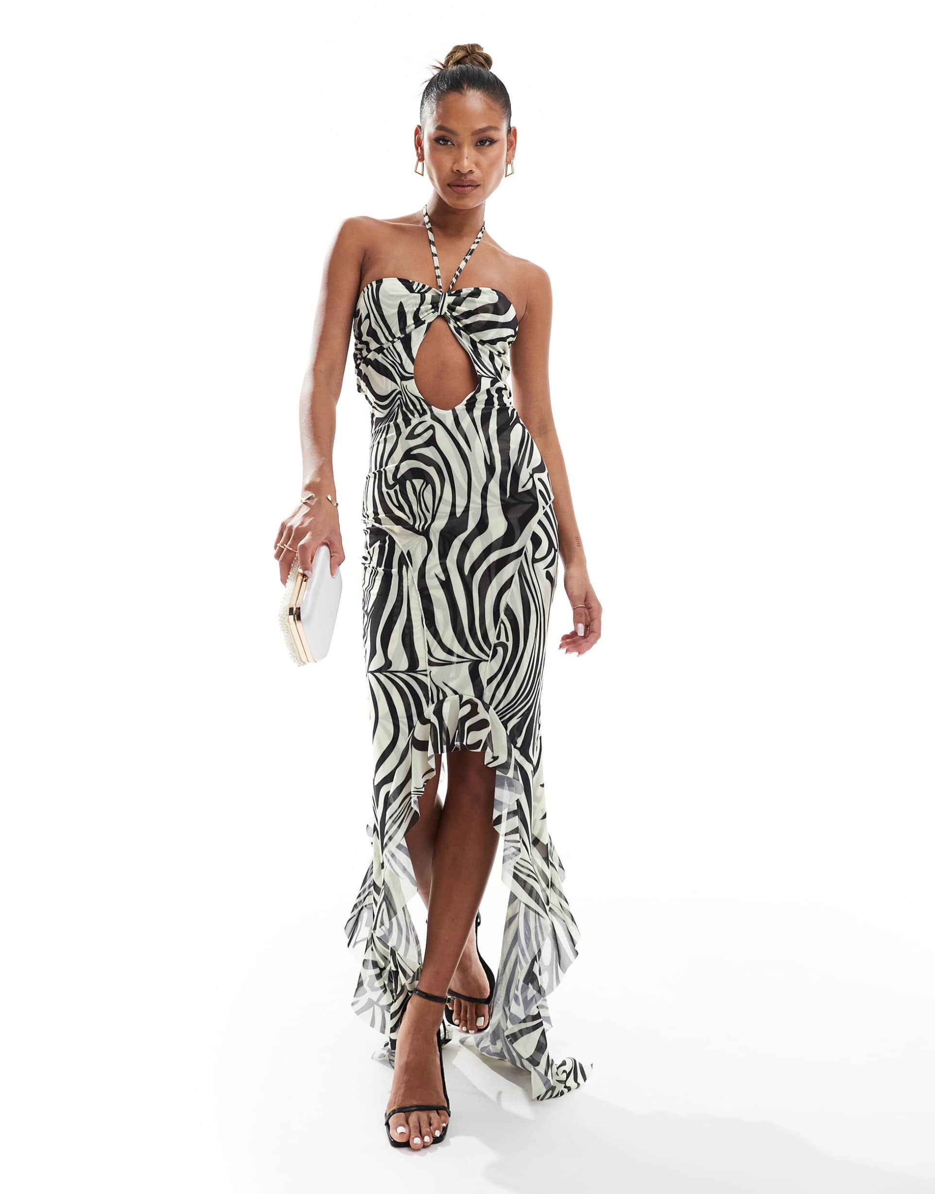 murci exclusive mesh halterneck keyhole detail high/low hem maxi dress in zebra print