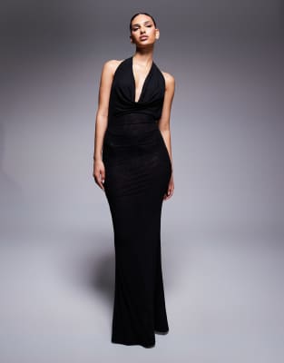 Murci Exclusive Mesh Halterneck Open Back Cowl Neck Maxi Dress