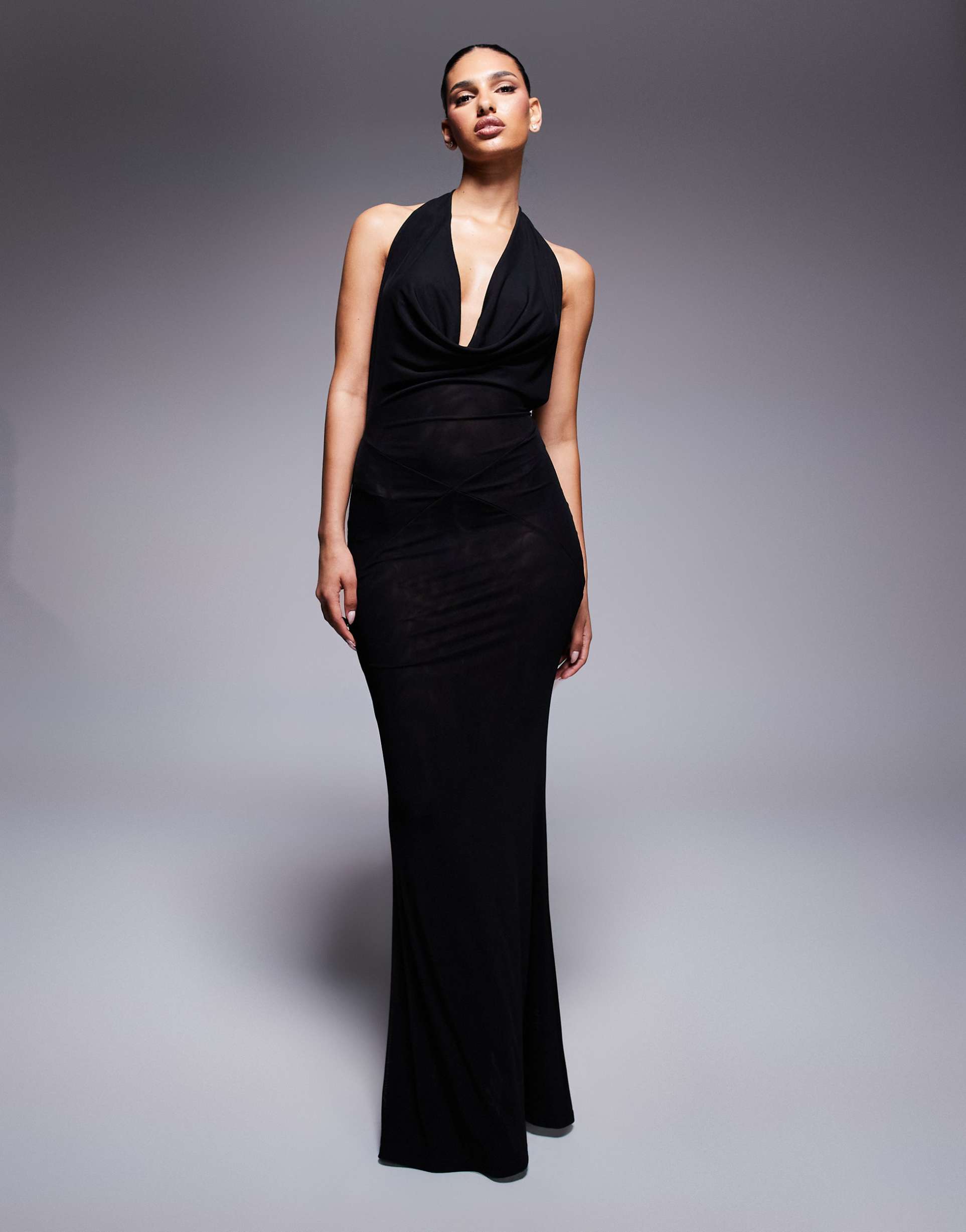 murci exclusive mesh halterneck open back cowl neck maxi dress in black