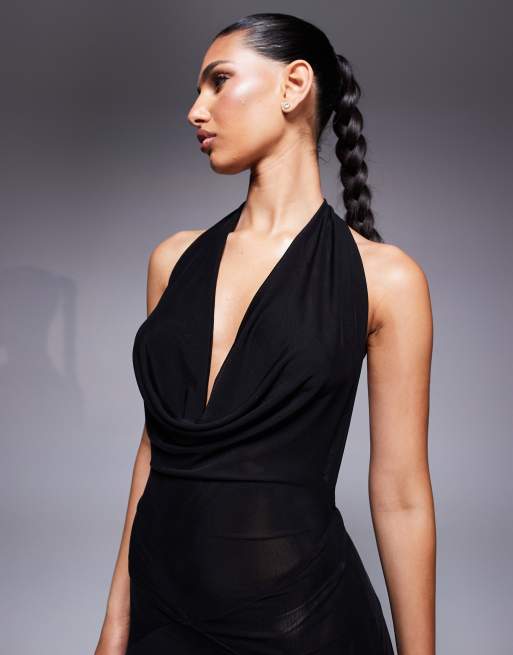 Murci exclusive mesh halterneck open back cowl neck maxi dress in black