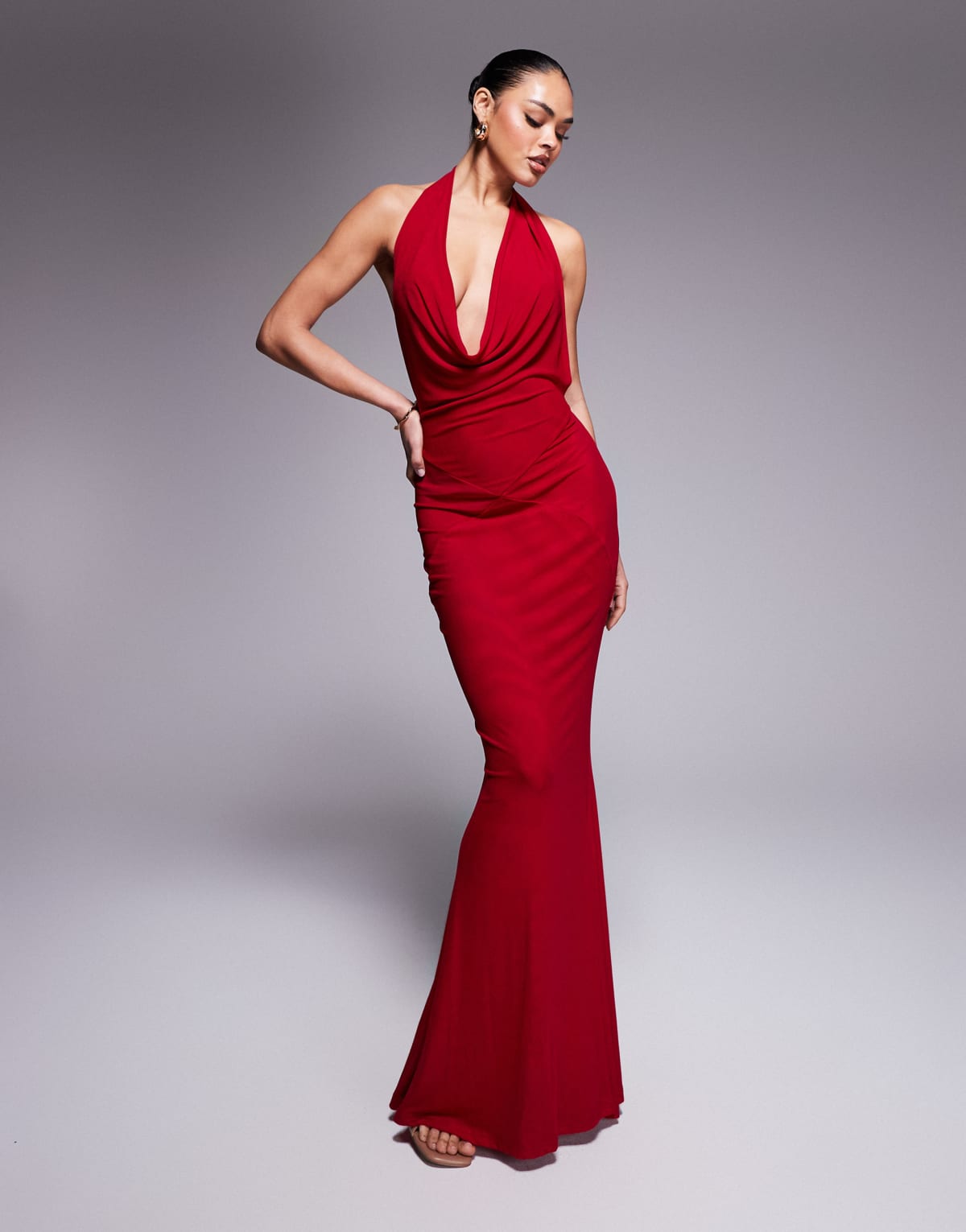 Murci exclusive mesh halterneck open back cowl neck maxi dress in red