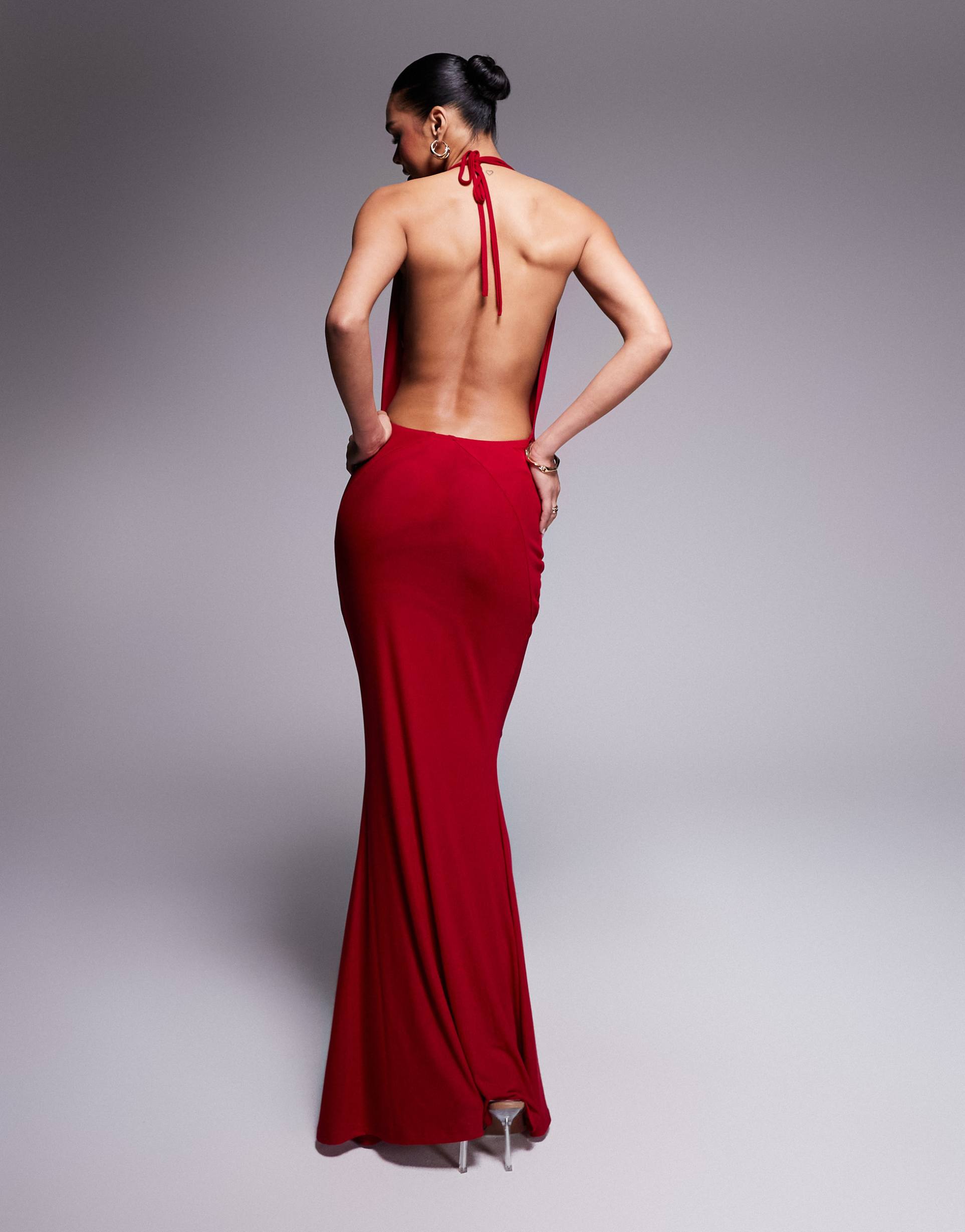 murci exclusive mesh halterneck open back cowl neck maxi dress in red