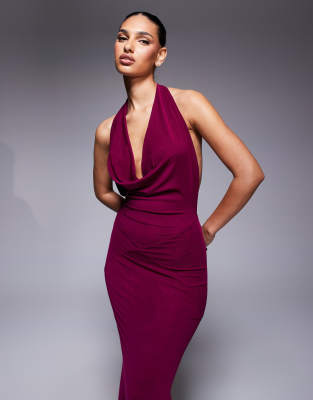 Murci Exclusive Mesh Halterneck Open Back Cowl Neck Maxi Dress