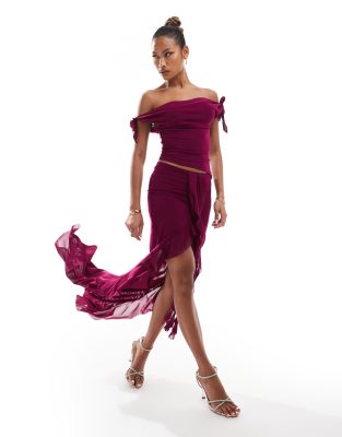 Exclusive mesh knot detail off-shoulder top and ruffle maxi skirt set in purple