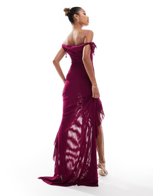 Murci Exclusive mesh knot detail off-shoulder top and ruffle maxi skirt set in purple