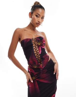 Exclusive mesh lace-up bandeau top in purple lily print - part of a set-Multi