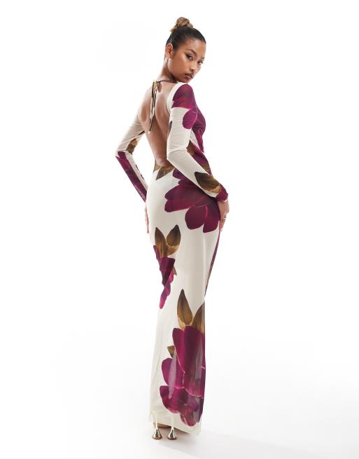 Murci exclusive mesh maxi dress in cream and purple peony print ASOS