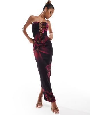 Exclusive mesh maxi skirt in purple lily print - part of a set-Multi