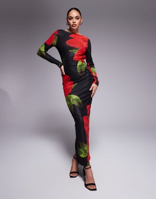 exclusive mesh slash neck open back bodycon maxi dress in black and red flower print-Multi