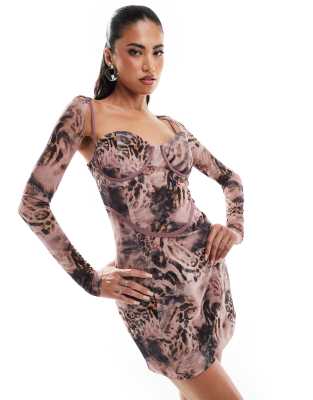 exclusive mesh sweetheart neck long sleeve mini dress in purple animal print-Multi