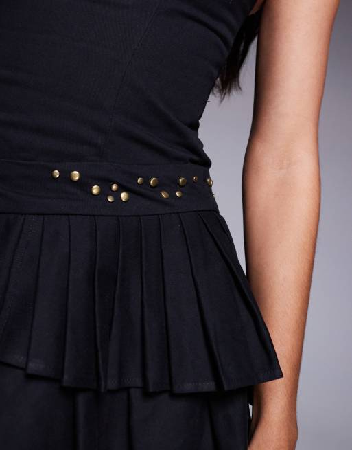 Murci - Exclusive - Mini jurk met vierkante hals, studs, geplooide zoom en veters in zwart, 4 van 4