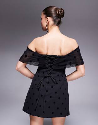 Murci Exclusive Polka Dot Mesh Off The Shoulder Plunge Neck Mini Dress In Black