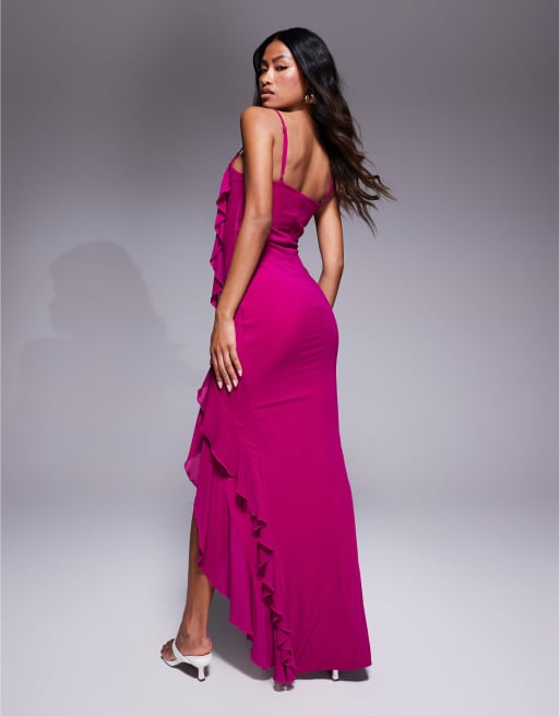 Murci exclusive ruffle detail cami front slit maxi dress in dark pink