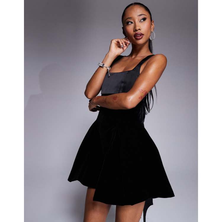 Murci exclusive satin contrast velvet square neck flippy hem bow