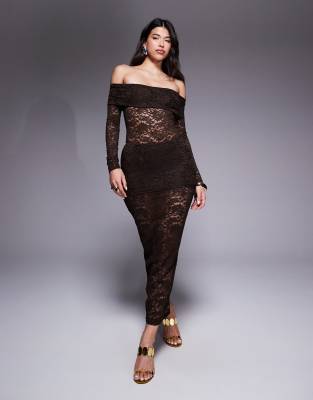 Murci Murci exclusive sheer lace bardot bodysuit and foldover waist maxi skirt set in red-Brown