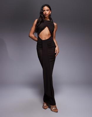 Murci Exclusive Slash Neck Cross Front Cut Out Drape Detail Maxi Dress In Brown