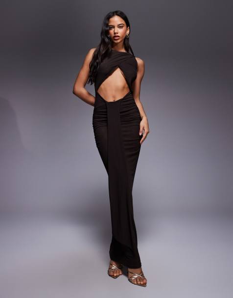 Murci exclusive slash neck cross front cut out drape detail maxi dress in chocolate - view 1