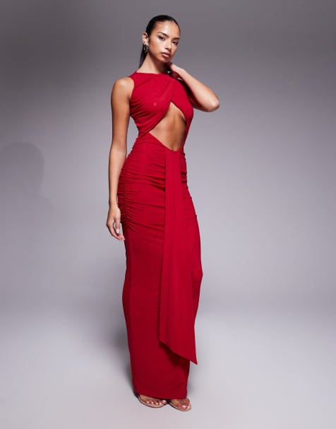Murci exclusive slash neck crossover front cut out drape detail sleeveless maxi dress in red - view 1
