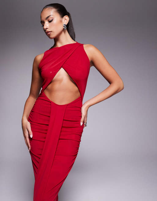 Murci exclusive slash neck crossover front cut out drape detail sleeveless maxi dress in red