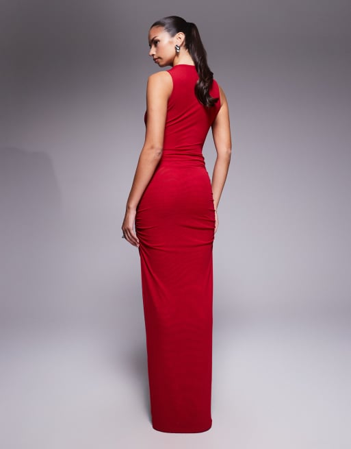 Murci exclusive slash neck crossover front cut out drape detail sleeveless maxi dress in red