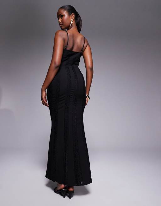 Murci Exclusive square neck sheer lace panel maxi dress in black