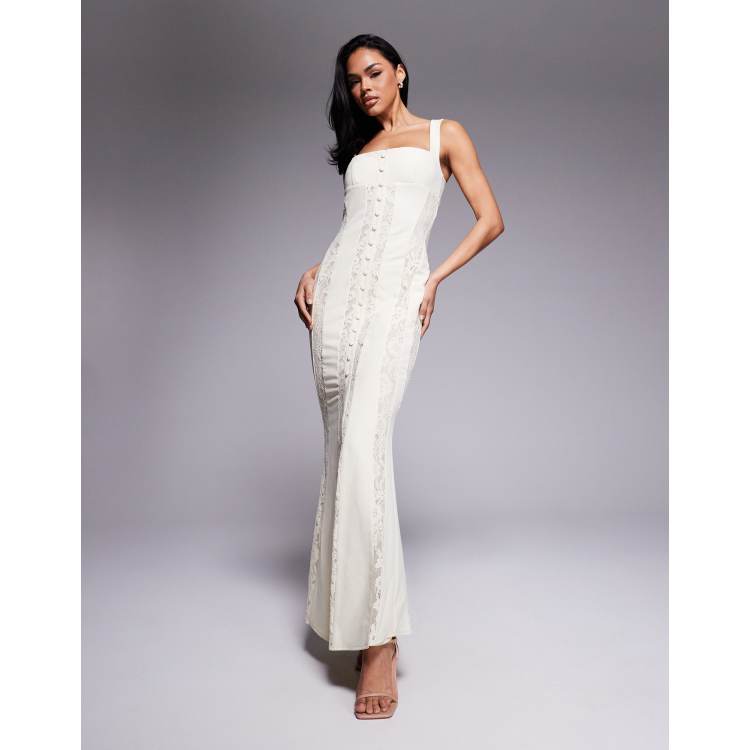 Murci exclusive square neck sheer lace panel maxi dress in cream