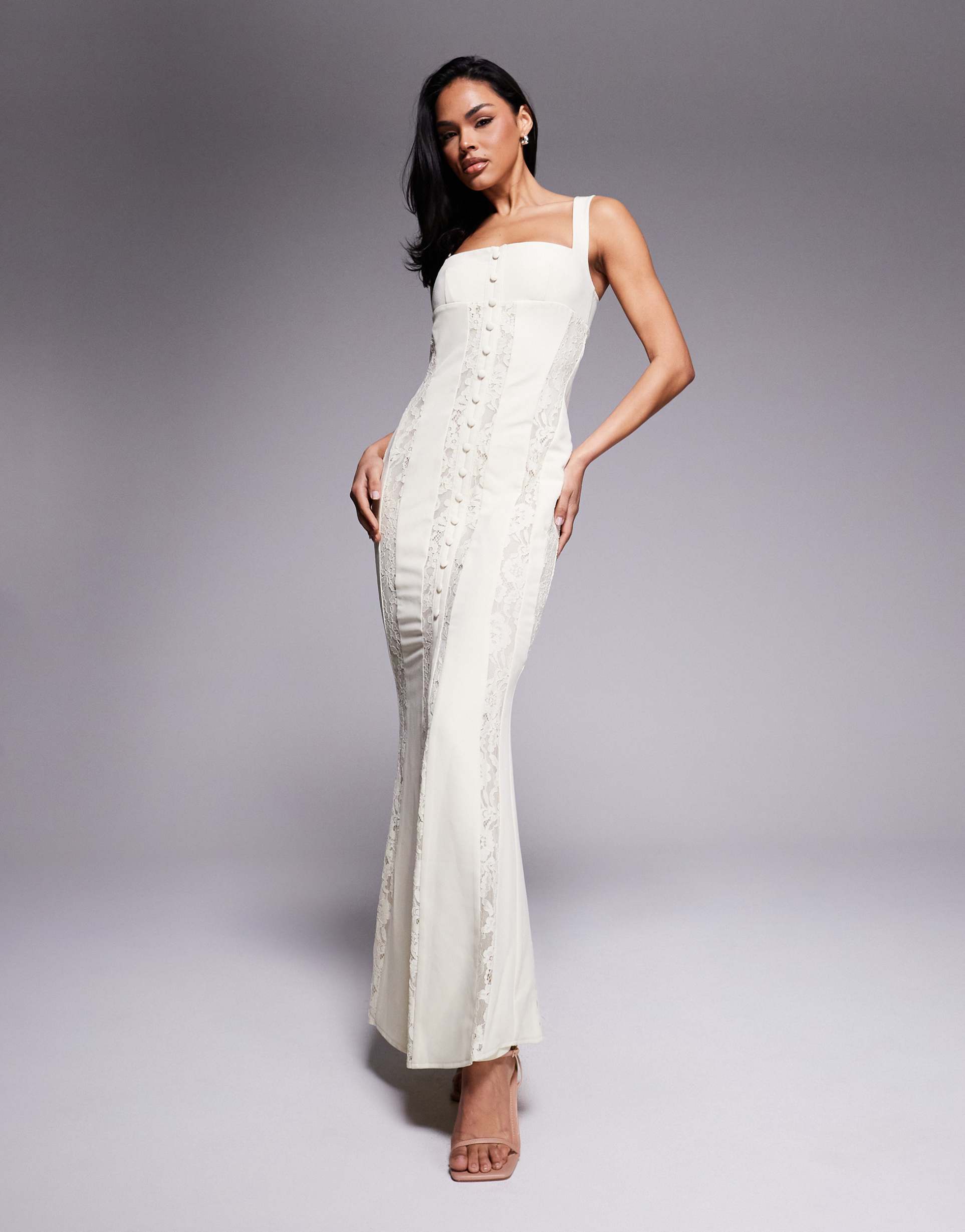murci exclusive square neck sheer lace panel maxi dress in cream