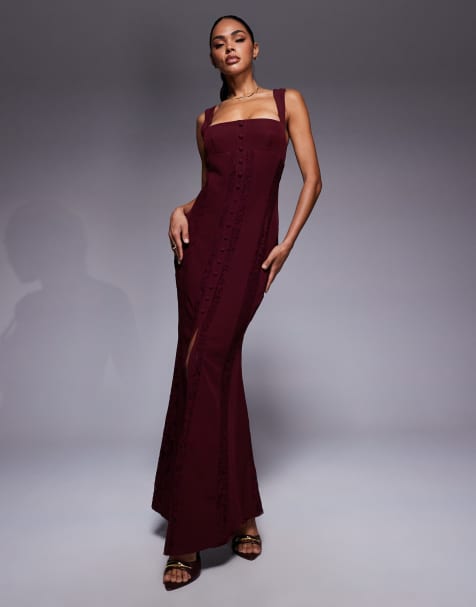 Murci exclusive square neck sheer lace panel maxi dress in plum - view 1