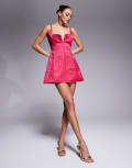 [Murci] Murci exclusive structured notch detail hook and eye mini dress in pink flower jacquard 8 PINK