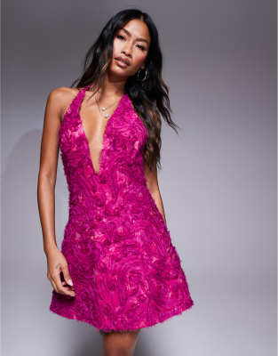 Murci Exclusive Textured Halterneck Plunge Detail Mini Dress