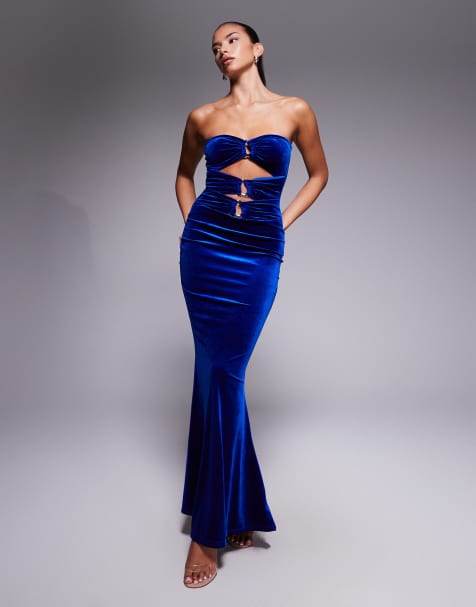 Murci exclusive velvet bandeau gold hardware cut out detail bodycon fishtail maxi dress in navy